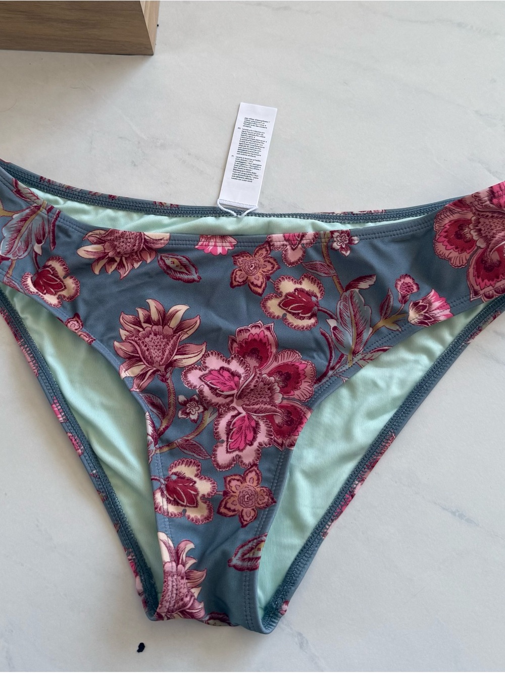 Floral Bikini Bottoms in Slate Blue with Pink Flowers